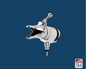 Chrome-plated nasal speculum for ENT examination placed flat in center of picture with blue background. TAA Compliant symbol with American flag in bottom right-hand corner.