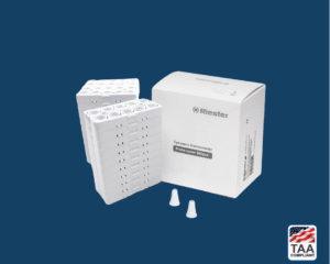 Probe cover for tympanic thermometer placed flat in center of picture with blue background. TAA Compliant symbol with American flag in bottom right-hand corner.