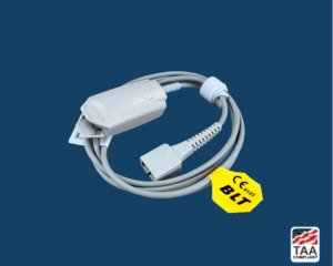 Adult SpO₂ sensor for pulse oximeter placed flat in center of picture with blue background. TAA Compliant symbol with American flag in bottom right-hand corner.