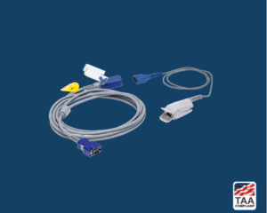 Adult SpO₂ sensor with Nellcor connector for pulse oximeter placed flat in center of picture with blue background. TAA Compliant symbol with American flag in bottom right-hand corner.