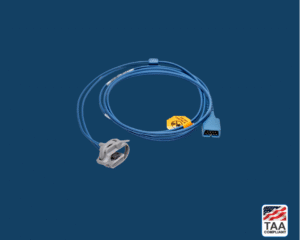 Neonatal SpO₂ sensor for pulse oximeter placed flat in center of picture with blue background. TAA Compliant symbol with American flag in bottom right-hand corner.