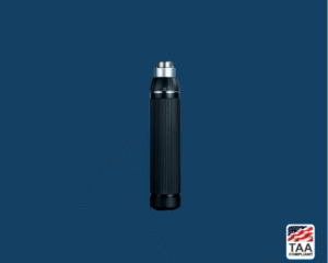 Riester Ri-Scope L battery handle Type C with matte black casing and silver threaded connector, positioned centrally on blue background with TAA Compliant box featuring American flag visible in lower right corner.
