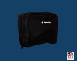 Padded nylon zipper case for storing diagnostic instruments placed flat in center of picture with blue background. TAA Compliant symbol with American flag in bottom right-hand corner.