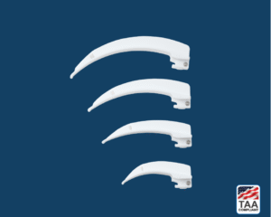4 White Macintosh laryngoscope attachments displayed on blue background; TAA Compliant box with American flag in lower right corner