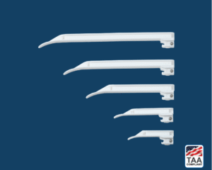 5 white Miller laryngoscope attachments displayed on blue background; TAA Compliant box with American flag in lower right corner
