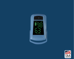 Finger pulse oximeter placed flat in center of picture with blue background. TAA Compliant symbol with American flag in bottom right-hand corner.