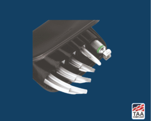 Black and silver diagnostic set partially revealed inside black zip pouch, displayed on blue background; TAA Compliant box with American flag in lower right corner