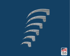 6 silver Macintosh laryngoscope attachments displayed on blue background; TAA Compliant box with American flag in lower right corner