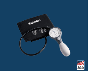 Digital clinical thermometer with blood pressure cuff placed flat in center of picture with blue background. TAA Compliant symbol with American flag in bottom right-hand corner.