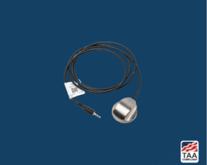 Electronic stethoscope with audio jack for patient monitoring, placed flat in center of picture with blue background. TAA Compliant symbol with American flag in bottom right-hand corner.