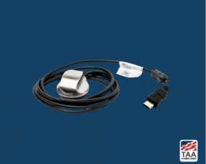 Electronic stethoscope with USB-C connector for patient monitoring, placed flat in center of picture with blue background. TAA Compliant symbol with American flag in bottom right-hand corner.