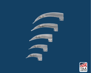 5 silver Macintosh laryngoscope attachments displayed on blue background; TAA Compliant box with American flag in lower right corner