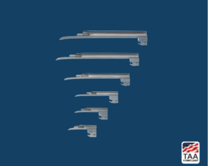 6 silver Miller laryngoscope attachments displayed on blue background; TAA Compliant box with American flag in lower right corner