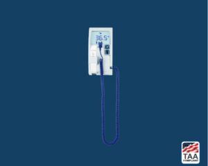 Reusable diagnostic penlight with metal housing placed flat in center of picture with blue background. TAA Compliant symbol with American flag in bottom right-hand corner.