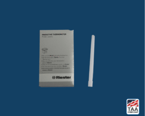 Single-use probe covers for thermometers placed flat in center of picture with blue background. TAA Compliant symbol with American flag in bottom right-hand corner.