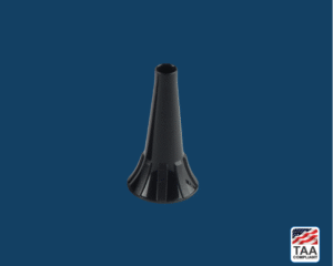 Disposable specula for otoscopes placed flat in center of picture with blue background. TAA Compliant symbol with American flag in bottom right-hand corner.