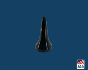Disposable specula for otoscopes placed flat in center of picture with blue background. TAA Compliant symbol with American flag in bottom right-hand corner.