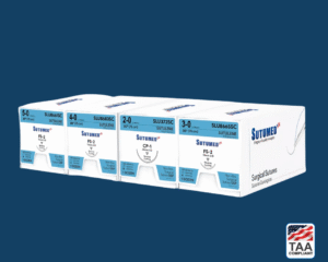 white box with blue label of sutulene sutures