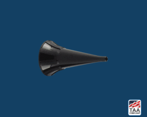 black cylindrical flared medical component with a threaded base and rounded tip