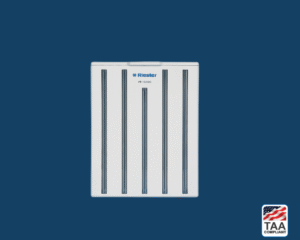 A transparent dispenser unit with stacked black ear specula and a side-mounted release lever